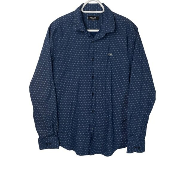 Hugo Boss Mens Cotton Button Down Shirt Size XXL Blue Long Sleeve Collar Pocket - Picture 1 of 13
